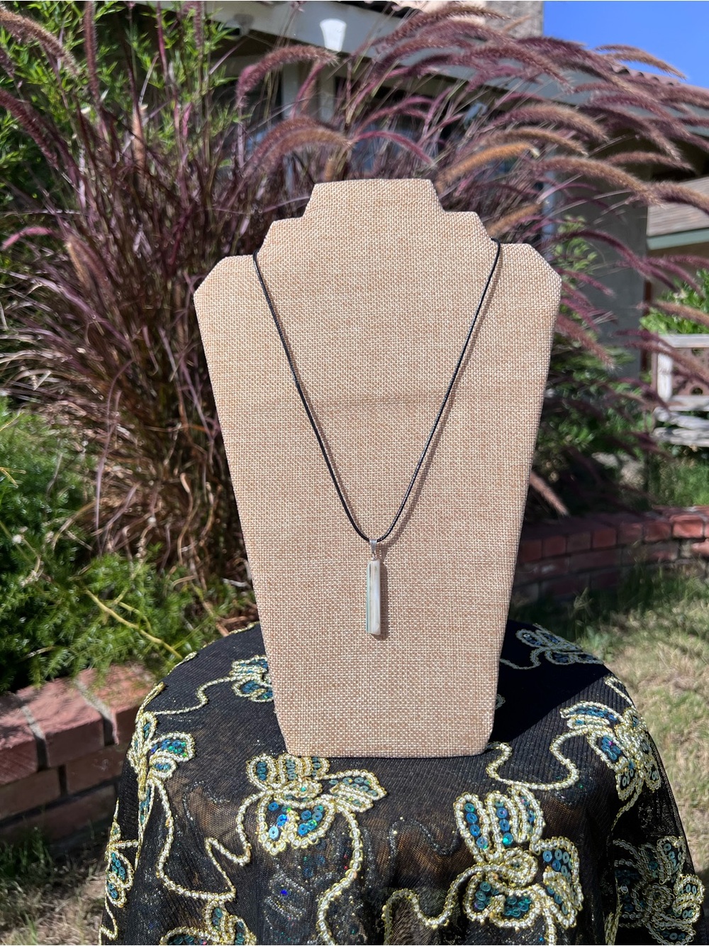 Minimal White Bar Stone Pendant Necklace on Black Leather Cord